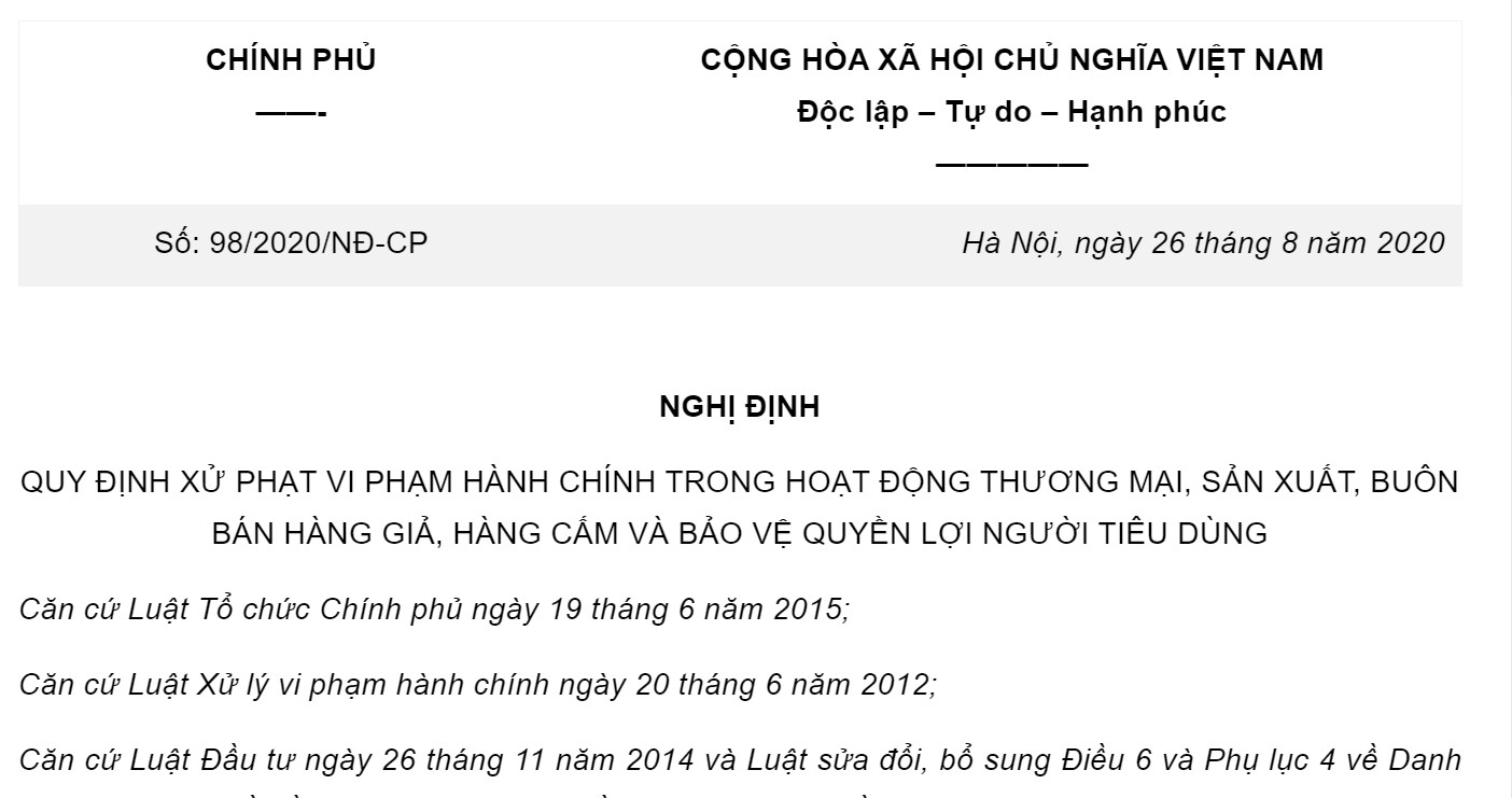 Nghị định 98/2020/NĐ-CP xử phạt vi phạm hành chính trong hoạt động thương mại