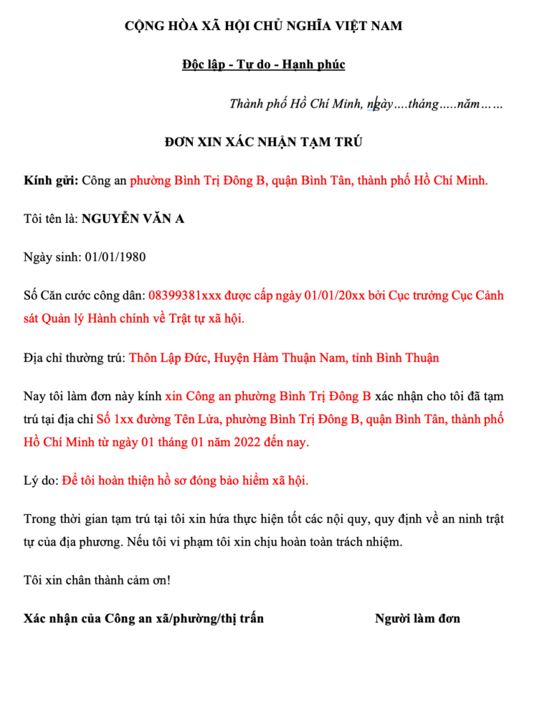 ví dụ điền đơn đăng ký tạm trú